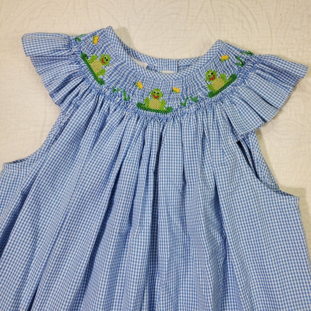 Collection Bebe Dress Girls Sz 6 Blue Bishop Smocked dress frog gingham Boutique